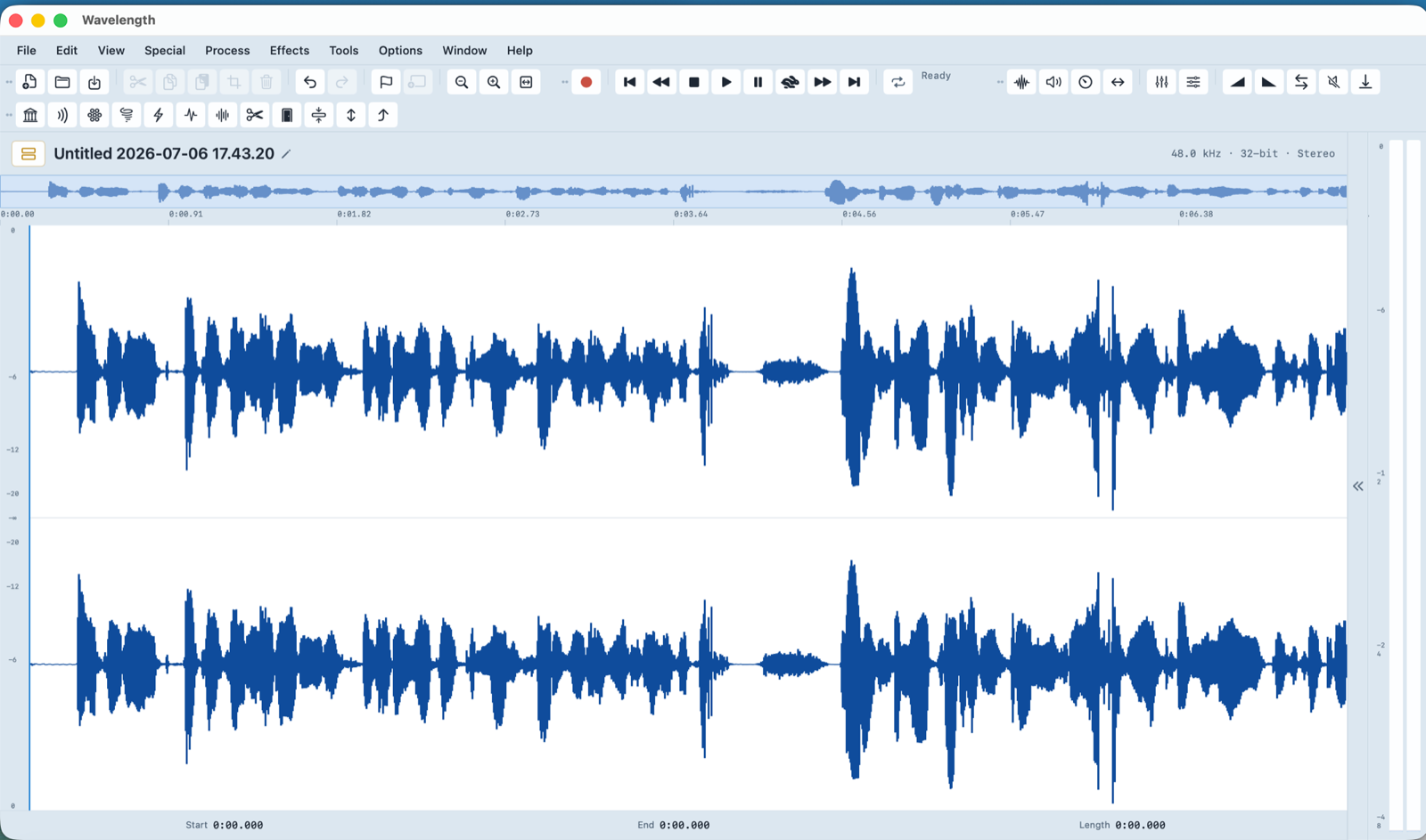 The Wavelength editor showing a recording on a full-width waveform, with markers and the processing menu.