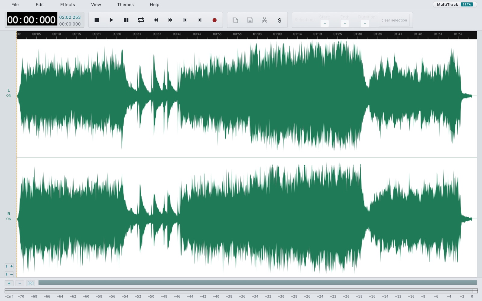 Wavelength Studio running in the browser — the porcelain theme with a stereo waveform loaded, classic transport controls, and the Themes menu.